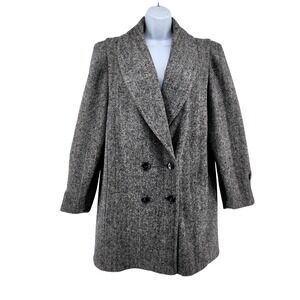 ILGWU Union Made Double Breasted Overcoat Herringbone Wool Blend‎ Size 12 Lined